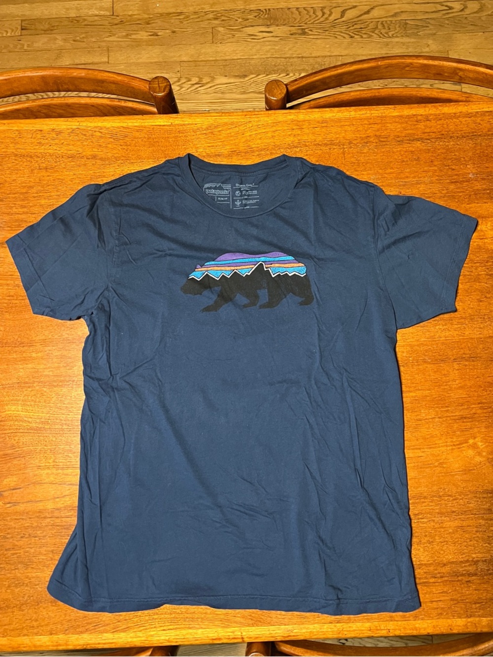 Patagonia Navy Short Sleeve Tee with Multicolor Bear Graphic